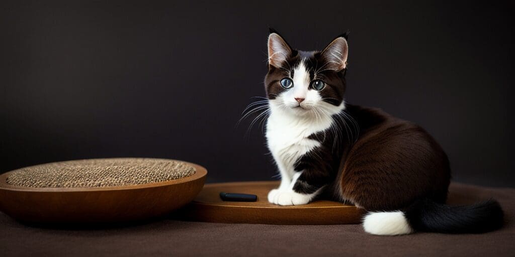 A brown and white cat with blue eyes is sitting on a wooden table. There is a brown scratching post on the table. The cat is looking at the camera.