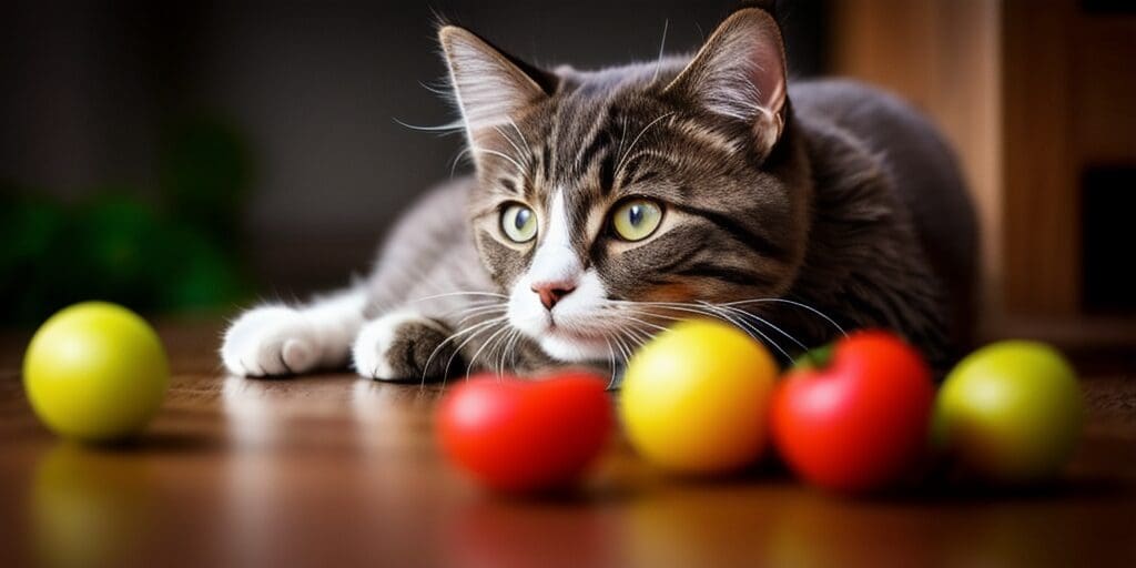 A cat is sitting on the floor near some tomatoes. The cat is looking at the tomatoes with wide eyes. The tomatoes are red, yellow, and green.