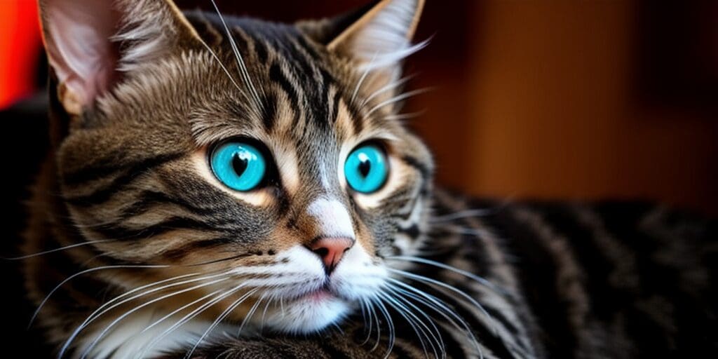 A close up of a tabby cat with blue eyes.