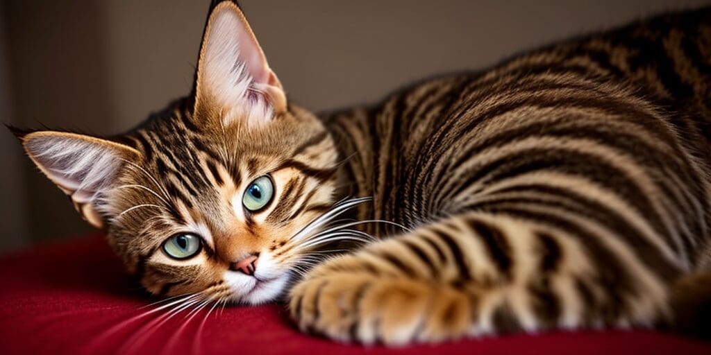 A brown tabby cat with green eyes is lying on a red blanket. The cat is looking at the camera with a curious expression.