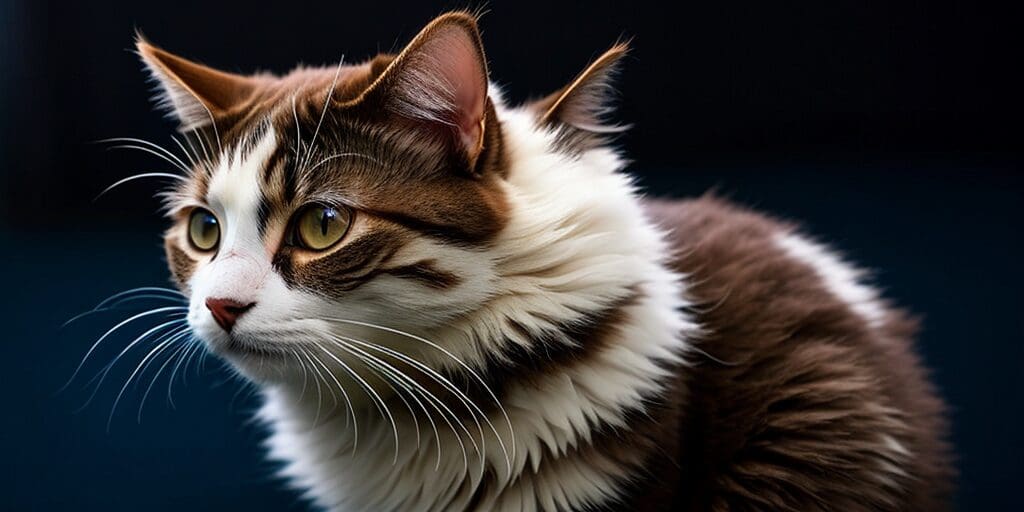 A close up of a brown and white cat looking off to the side with a dark blue background.
