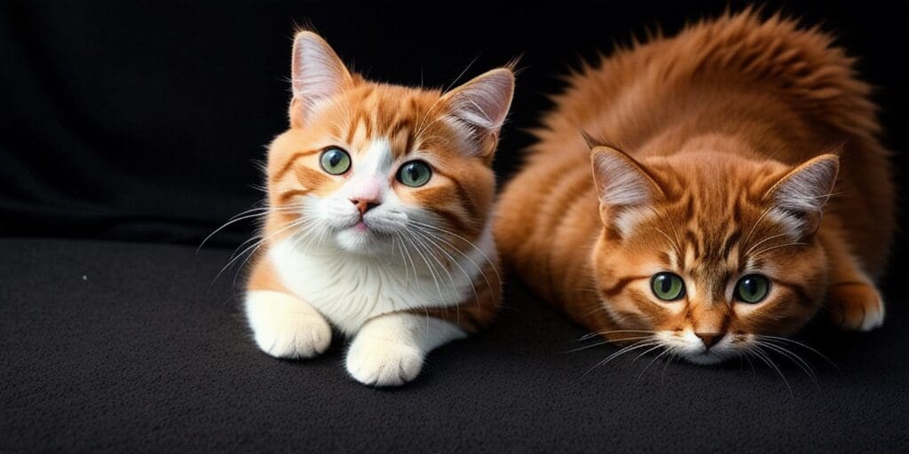 Two ginger cats with green eyes are sitting on a black surface. The cat on the left has white paws and a white belly, while the cat on the right has a white patch on its neck.
