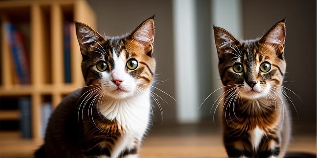 Two cute tabby cats sitting side by side, looking at the camera.