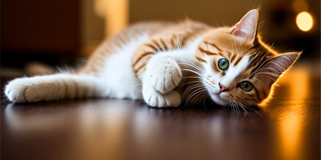 A ginger and white cat is lying on a wooden floor. The cat has its paw tucked under its head and is looking at the camera. The background is blurry and there are two warm-colored lights in the background.
