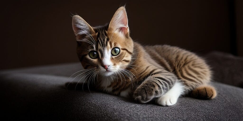 A close-up of a tabby cat looking at the camera with a dark background.