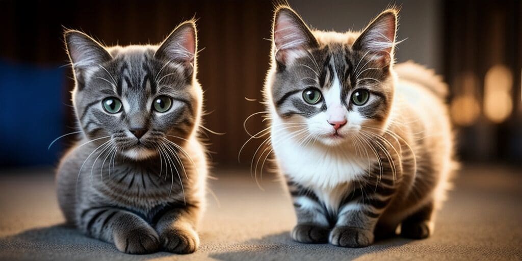 Two cute kittens sitting side by side, looking at the camera. The kitten on the left is gray and white, while the kitten on the right is white and gray.