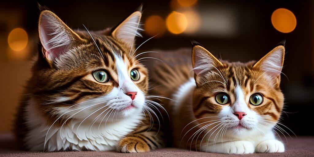 A photo of two cats sitting side by side, looking off to the side. The cats are both brown and white, and the one on the left is slightly larger than the one on the right.