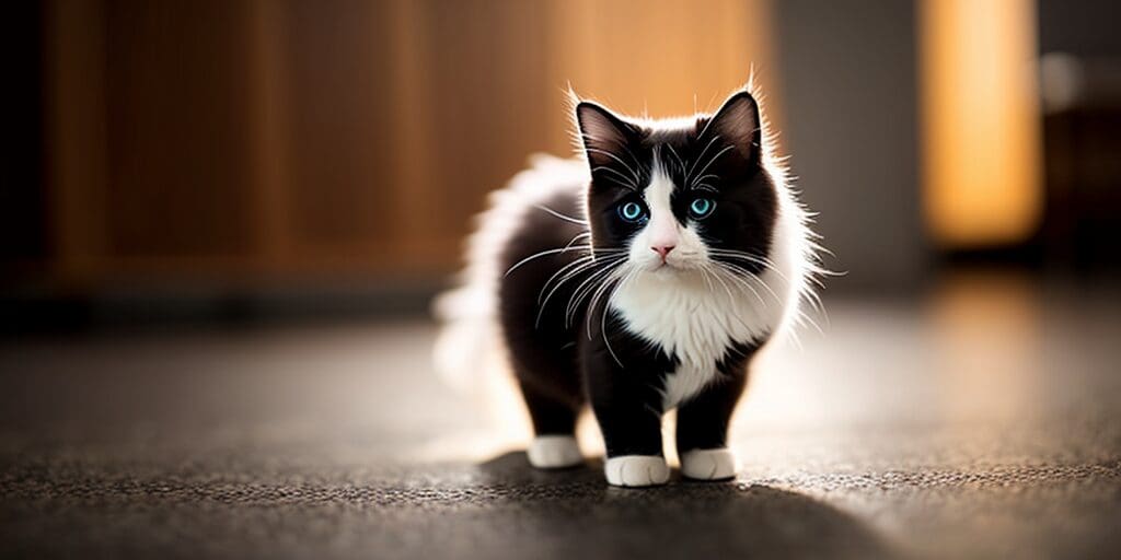 A black and white kitten with blue eyes is standing on the floor and looking at the camera. The kitten has a white blaze on its chest and white paws. The background is blurry and there is a warm light shining on the kitten.