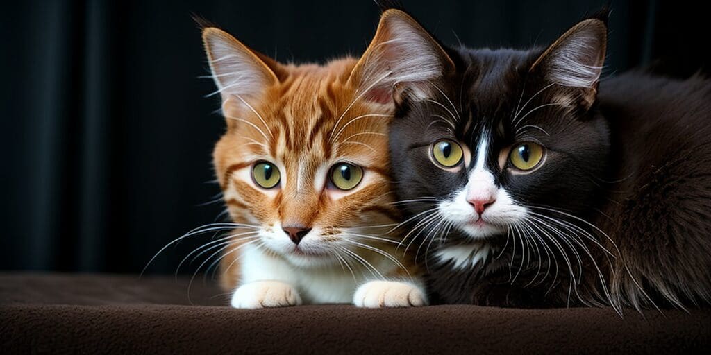 A ginger cat and a black and white cat are sitting next to each other on a brown blanket. The cats are looking at the camera.