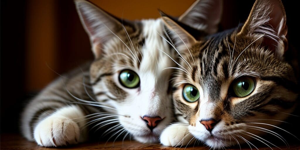 A close-up of two cats resting their heads on a table and looking at the camera with green eyes.