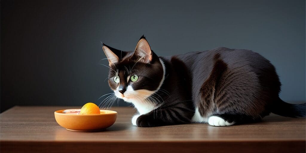 A black and white cat is sitting on a table. The cat is looking at a bowl of food. The bowl is made of ceramic and is orange in color. The food is a yellow-orange color and is in the shape of a ball. The cat has its front paws resting on the table. The cat is not wearing a collar. The table is made of wood and is stained a dark brown color. The background is a dark gray color.