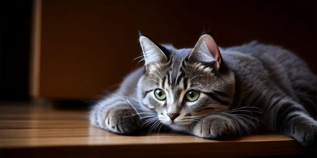 A gray tabby cat is lying on a wooden table. The cat has green eyes and is looking at the camera.