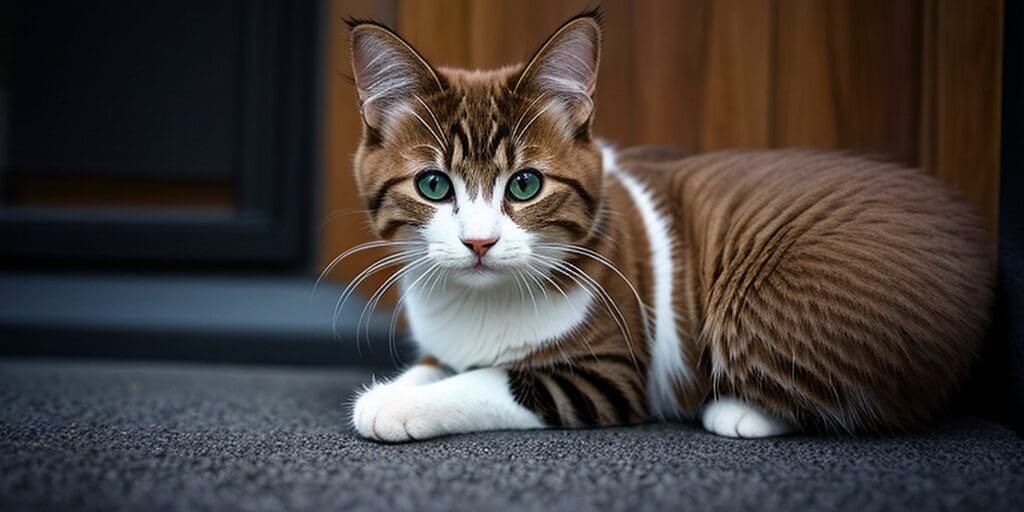A brown and white cat is sitting on the ground in front of a wooden door. The cat has green eyes and is looking at the camera.