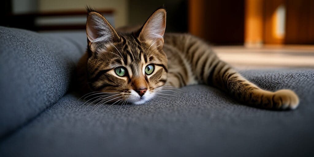 A brown tabby cat is lying on a gray couch. The cat has green eyes and is looking at the camera.