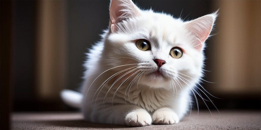 A white cat with green eyes is sitting on the floor and looking up at the camera. The cat has long, white fur and a pink nose. The background is blurry, and the cat is in focus.