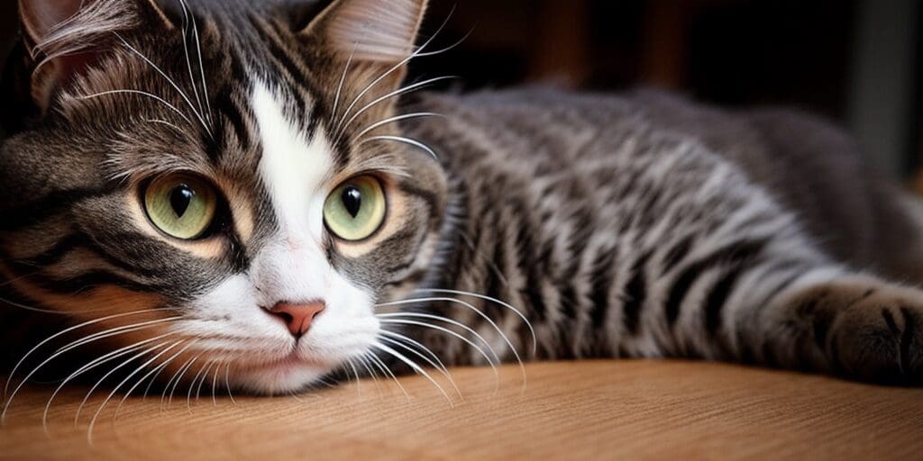 A close up of a tabby cat looking at the camera with wide green eyes.