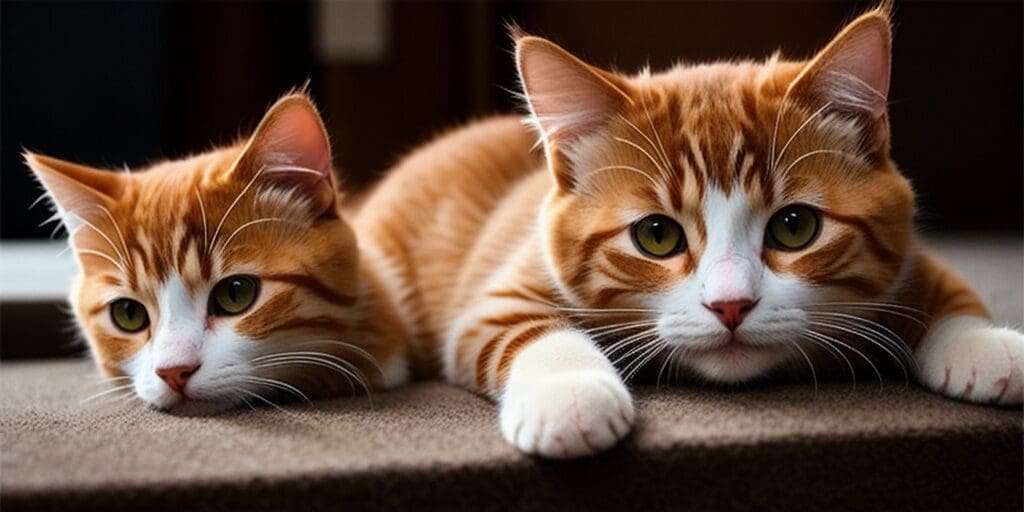Two ginger cats are lying on a brown surface. The cat on the left is resting its head on its paws, while the cat on the right is looking at the camera.
