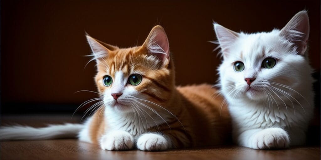 A ginger cat and a white cat are sitting next to each other on a wooden table. The ginger cat has green eyes and the white cat has blue eyes.