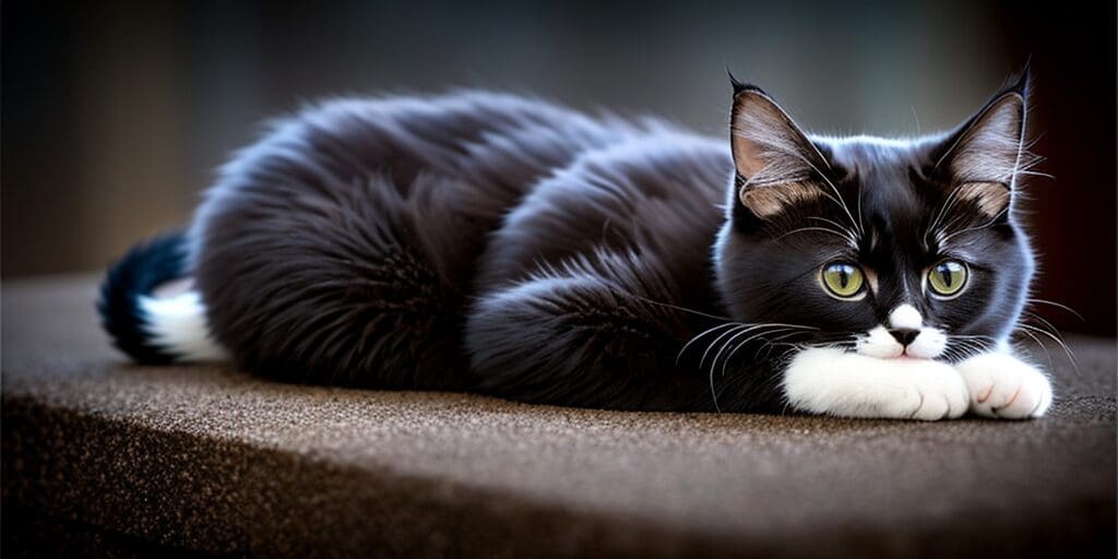 A black cat with white paws and a white belly is lying on a brown surface. The cat has green eyes and is looking at the camera.