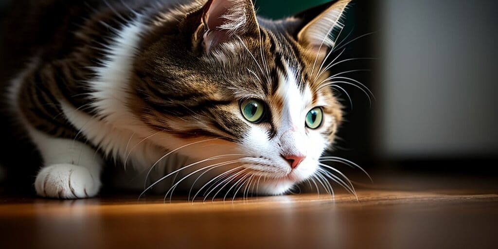 A brown and white cat is crouched on the floor, looking to the right. The cat has green eyes and white whiskers.
