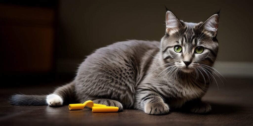 A gray tabby cat is lying on the ground in front of a brown background. The cat has green eyes and is looking at the camera. There is a yellow object on the ground in front of the cat.