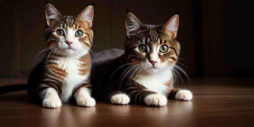 Two cute tabby cats with big green eyes are sitting on a wooden floor looking at the camera.