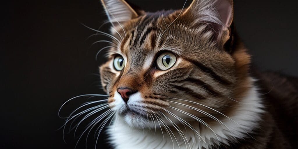 A close up of a brown tabby cat looking to the right with a dark background.