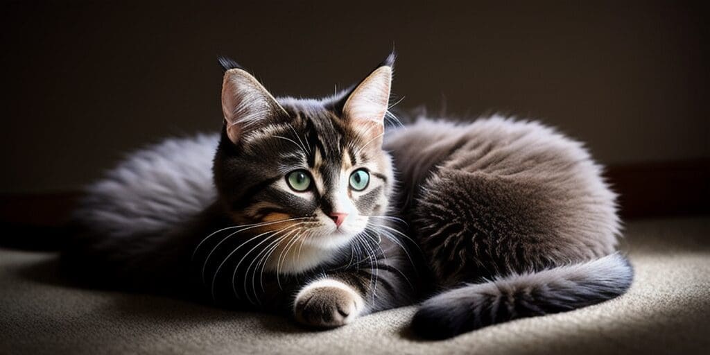 A close up of a fluffy tabby cat looking off to the side with wide green eyes.
