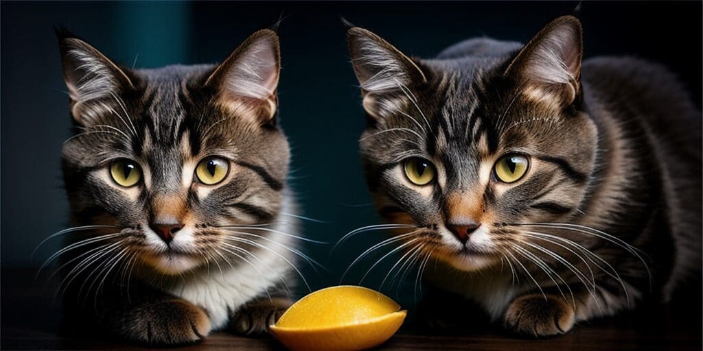 Two cats staring at a lemon on a table.