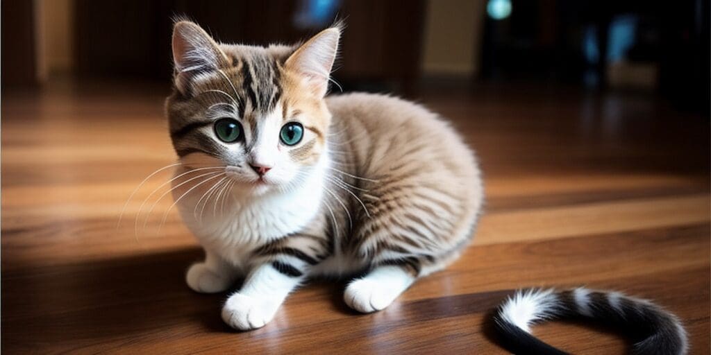 A cute tabby kitten with wide green eyes is sitting on a wooden floor. The kitten has a white belly and paws, and a brown tabby coat with black stripes. Its tail is curled up around its feet.