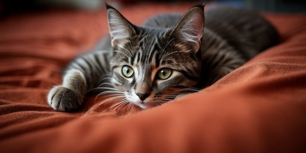 A close-up of a tabby cat lying on an orange blanket. The cat has green eyes and is looking at the camera.