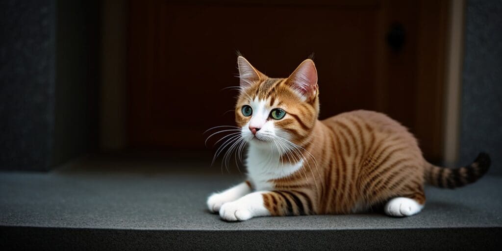 A ginger and white cat is lying on the ground in front of a door. The cat is looking up at something off-camera.