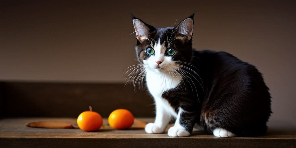 A black and white cat is sitting on a table next to two mandarin oranges. The cat has green eyes and is looking at the camera.