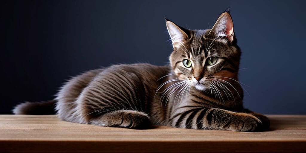 A brown tabby cat with green eyes is lying on a wooden table. The cat is looking at the camera with a curious expression.