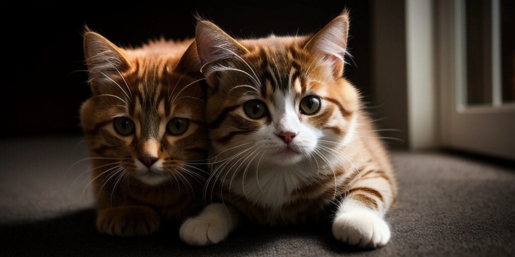 Two cute tabby cats with big green eyes are sitting on a brown carpet and looking at the camera.