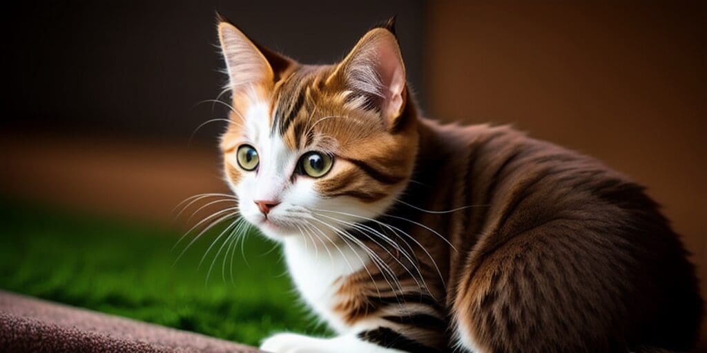 A brown and white cat is sitting on a green carpet. The cat has its ears perked up and is looking to the side.
