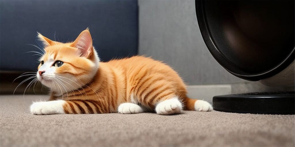 A ginger cat with white paws and a white belly is lying on the floor next to a black fan. The cat is looking away from the fan.