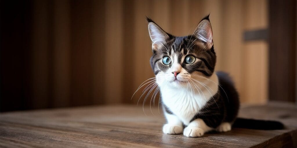 A cute tabby cat with blue eyes is sitting on a wooden table. The cat is looking up at something off-camera.