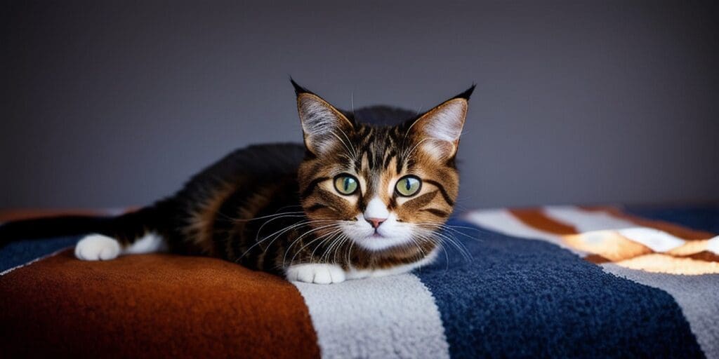 A close-up image of a tabby cat with green eyes, looking at the camera. The cat is lying on a striped blanket with its paws resting in front of it.