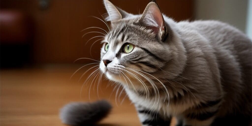 A gray and white cat is looking off to the side, its tail is in the foreground and out of focus.