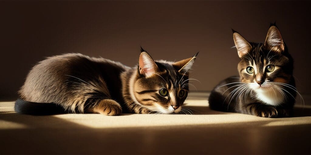 Two cats are lying on a tan surface. The cat on the left is brown with black stripes and the cat on the right is brown with black stripes and a white belly.