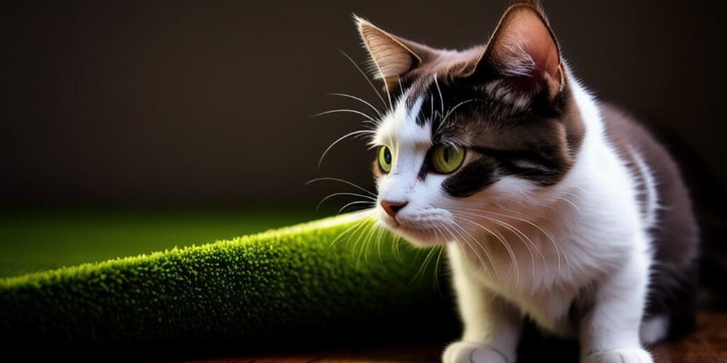 A cat is sitting on the edge of a green carpet, looking to the side. The cat is white and brown with green eyes.