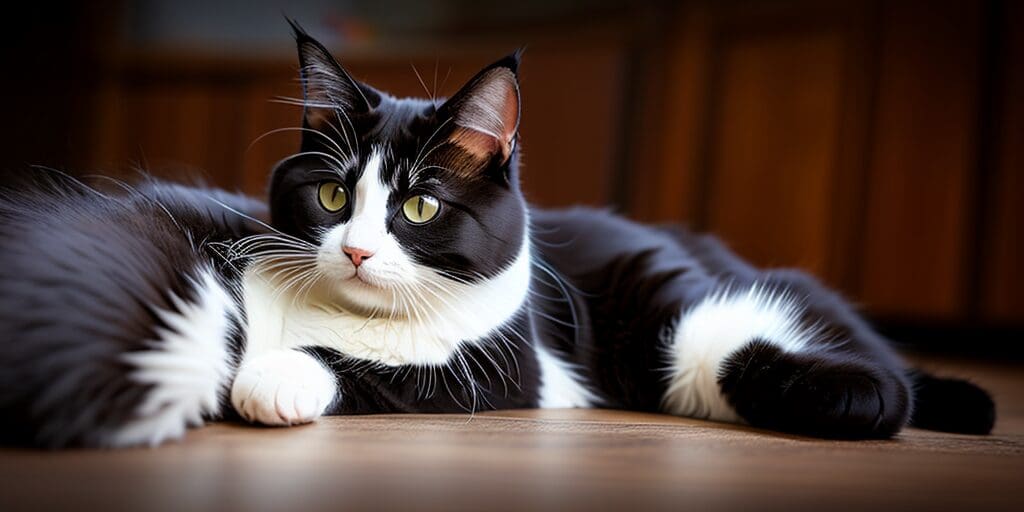 A black and white cat is lying on the floor looking at the camera. The cat has green eyes and a white belly. Its tail is curled around its paws.