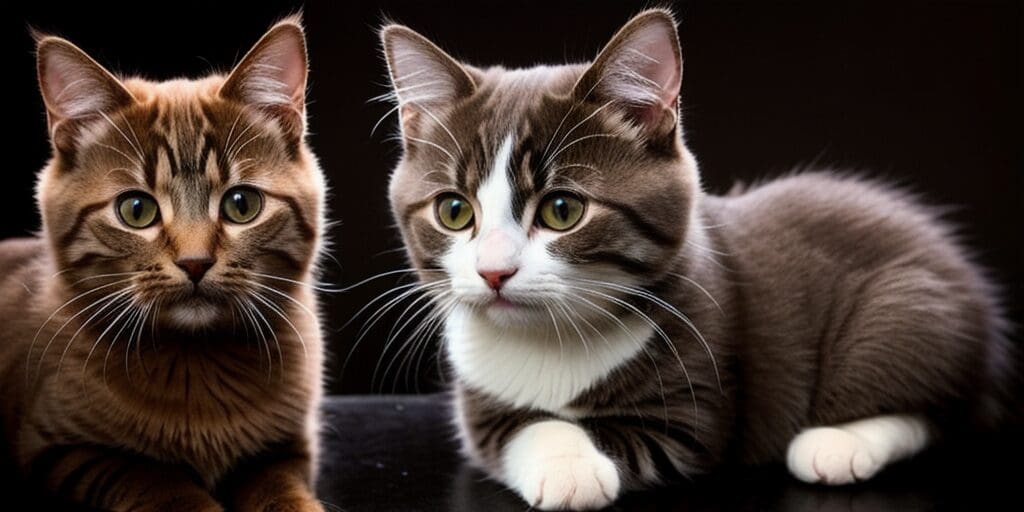 On the left, a brown tabby cat with green eyes is sitting. On the right, a gray and white cat with green eyes is sitting.