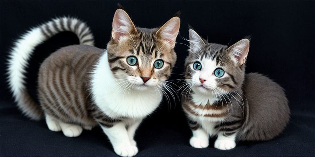 Two munchkin cats with blue eyes and striped fur are sitting next to each other on a black surface.