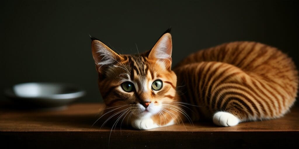 A ginger cat with green eyes is lying on a wooden table. The cat has a white belly and paws, and its tail is curled up around its body. There is a white bowl on the table to the left of the cat.