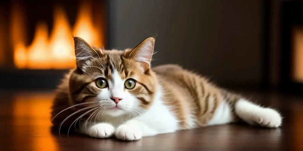 A ginger and white cat is lying in front of a fireplace. The cat has its paws tucked in and is looking at the camera. The fireplace is lit and there are flames visible.