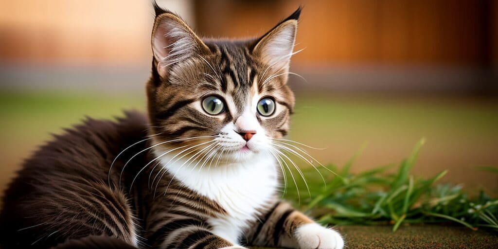 A small, tabby cat with wide green eyes is sitting on the ground, looking off to the side. The cat has a white belly and white paws, and its fur is brown with dark brown stripes. The background is blurry and light brown.