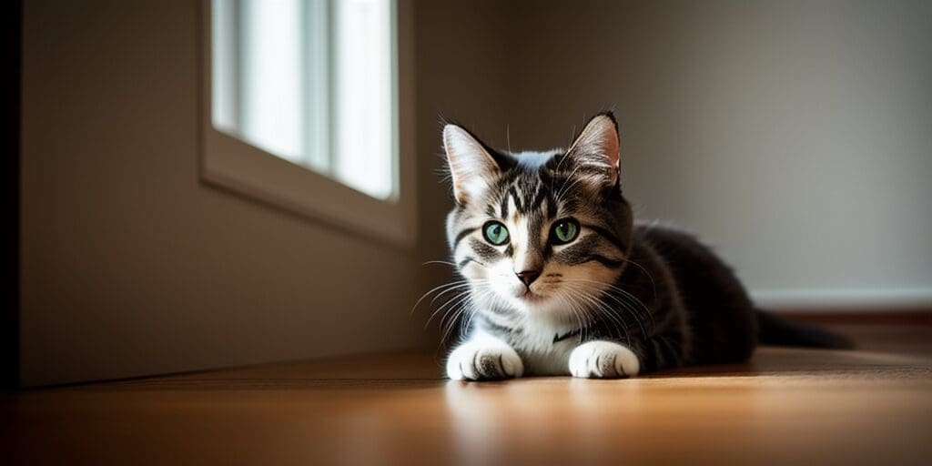 A cute tabby cat with green eyes is lying on the floor in front of a window. The cat is looking at the camera.