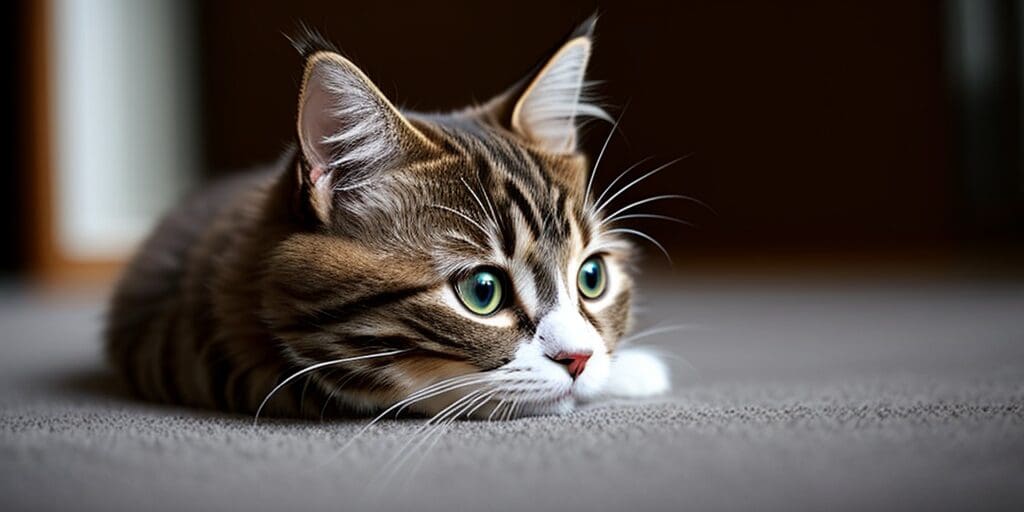 A close up of a tabby cat's face. The cat has green eyes and is looking to the right of the frame.